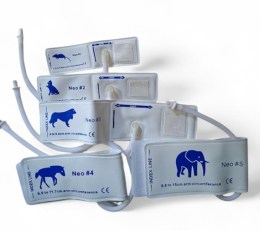 Набір з пяти ветеринарних манжет для вимірювання артеріального тиску різних розмірів. Кожна манжета має вказаний діапазон обхвату лапи в сантиметрах