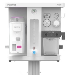 Вигляд панелі управління наркозно-дихального апарату Melevet AM30. Модель оснащена випарником та системою візуального моніторингу тиску і потоку газів