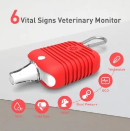 Інфографіка ветеринарного монітора AM4100 Mini, що демонструє контроль 6 показників: ЕКГ, тиск, сатурація, частота пульсу, дихання та температура