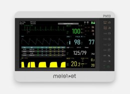 Фронтальний вигляд сенсорного дисплея ветеринарного монітора Melevet PM10 з параметрами ЕКГ, SpO2, NIBP та капнографії