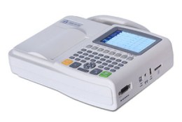 Зображення електрокардіографа Е-3 VET збоку, що демонструє його компактність, зручну ручку для перенесення та наявність USB-портів для підключення до ПК у ветеринарній клініці